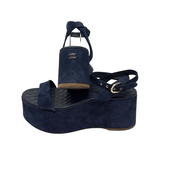 Chanel Suede Calfskin Platform Wedge Sandals Blue Size 39 - Picture 1 of 14